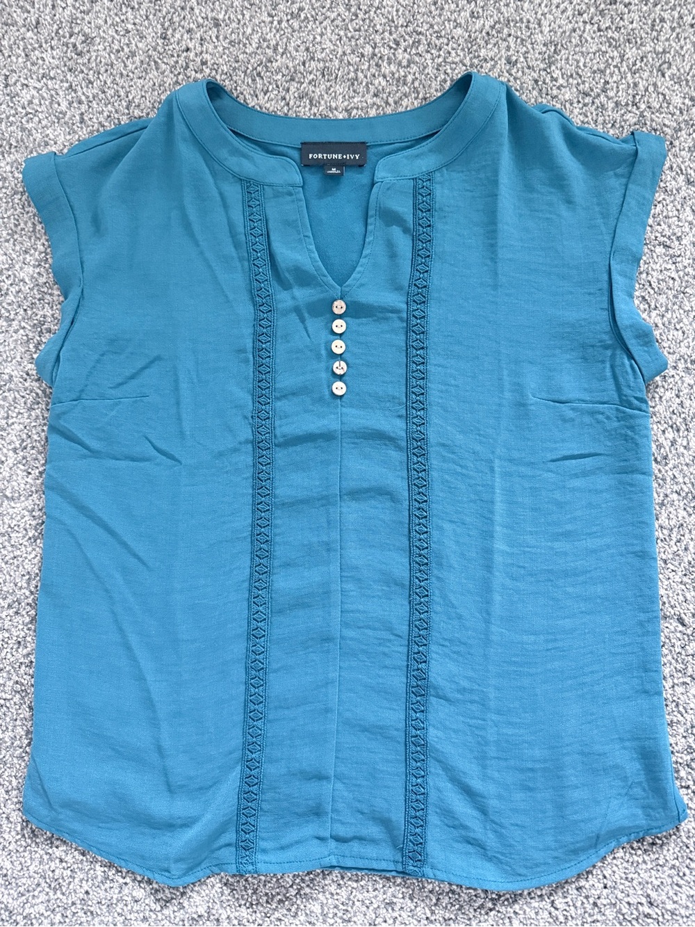 Fortune & Ivy Teal Short-Sleeve Split-Neck Blouse